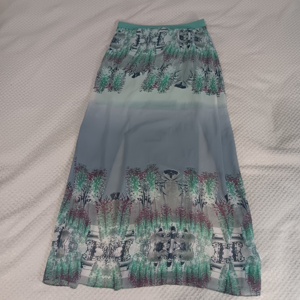 W118 Walter Baker Teal Gray Water Color Print Maxi skirt Partially Lined Small - Picture 4 of 13
